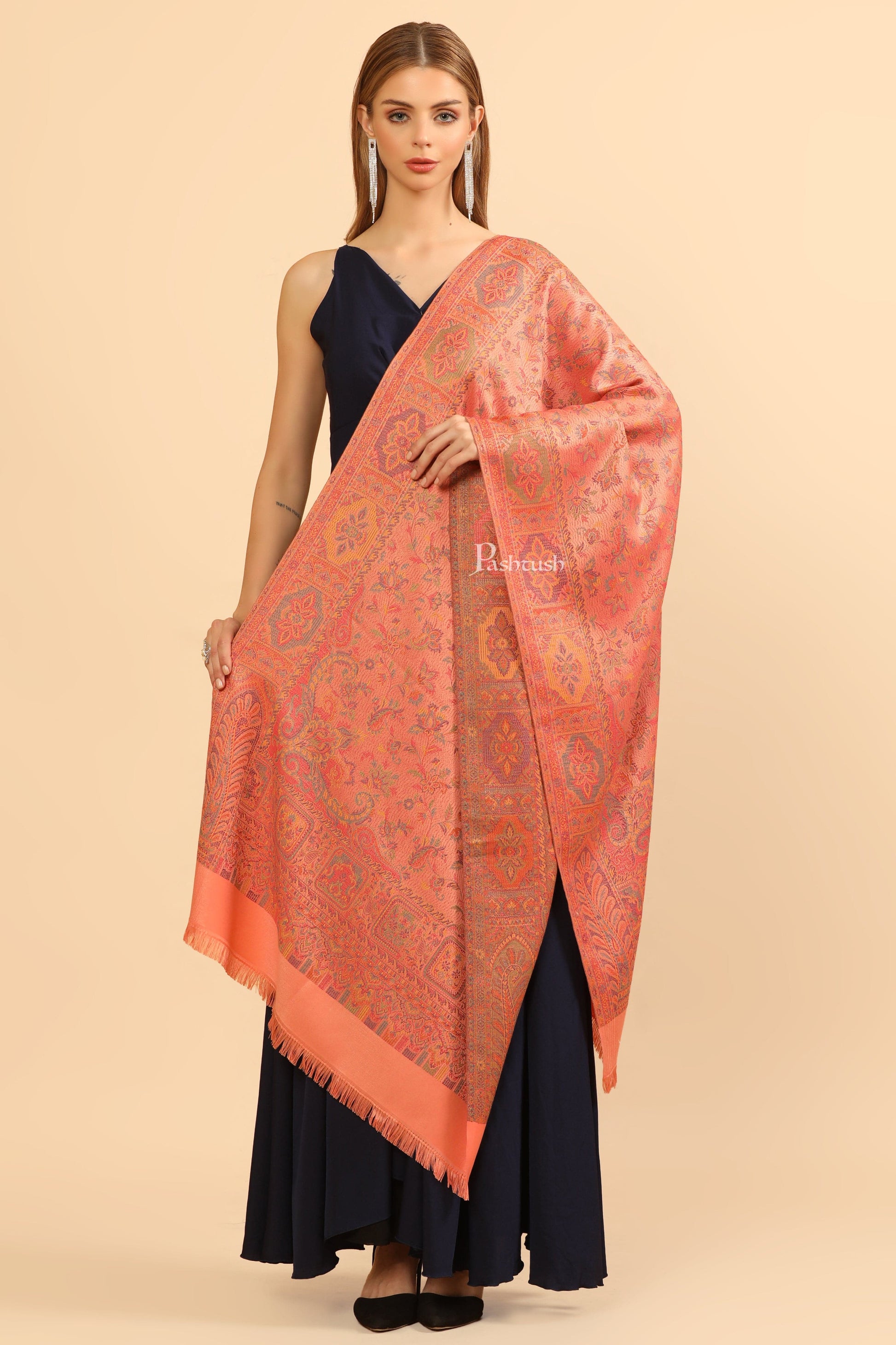 Pashtush India Womens Stoles Pashtush Womens Faux Pashmina Stole, Pasiley Design, Peach