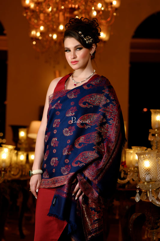 Pashtush India Womens Stoles and Scarves Scarf Pashtush Womens Faux Pashmina Stole, Zari Paisley Weave Design, Blue
