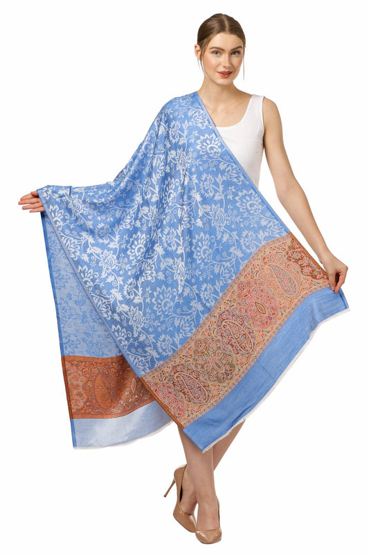 Pashtush Womens Fine Bamboo Jacquard Scarf, Reversible, Blue - Azure