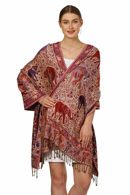 Pashtush India Womens Stoles and Scarves Scarf Pashtush Womens Fine Bamboo Reversiblemulticoloured Elephants Tribal Scarf