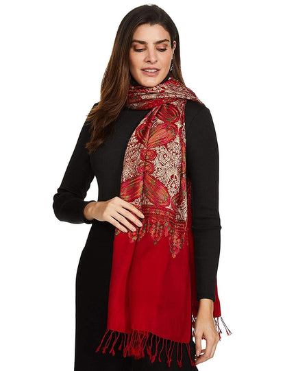 Pashtush India 70x200 Pashtush Womens Fine Count, Silky Thread Nalki Embroidery Stole, Crimson