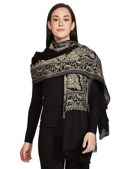 Pashtush India 70x200 Pashtush Womens Fine Silk-Wool, Nalki Embroidery Needlework Stole, Black