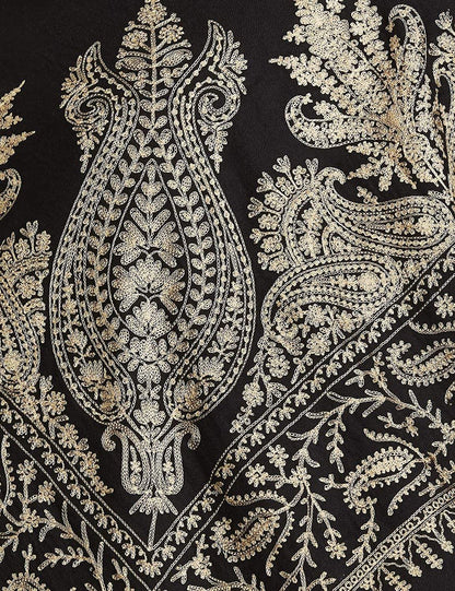 Pashtush India 70x200 Pashtush Womens Fine Silk-Wool, Nalki Embroidery Needlework Stole, Black