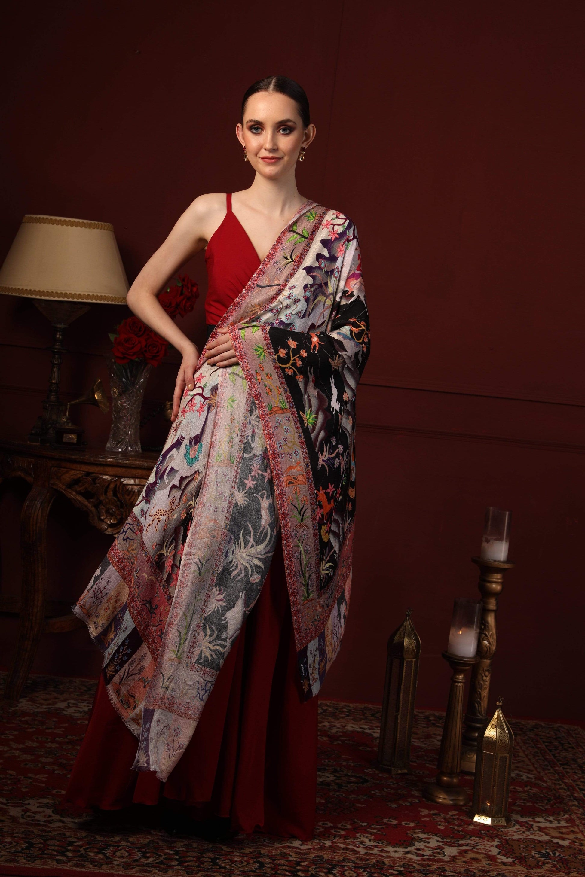 Pashtush India 70x200 Pashtush Womens fine Soft Bamboo Stole, Shikaardar Print Design