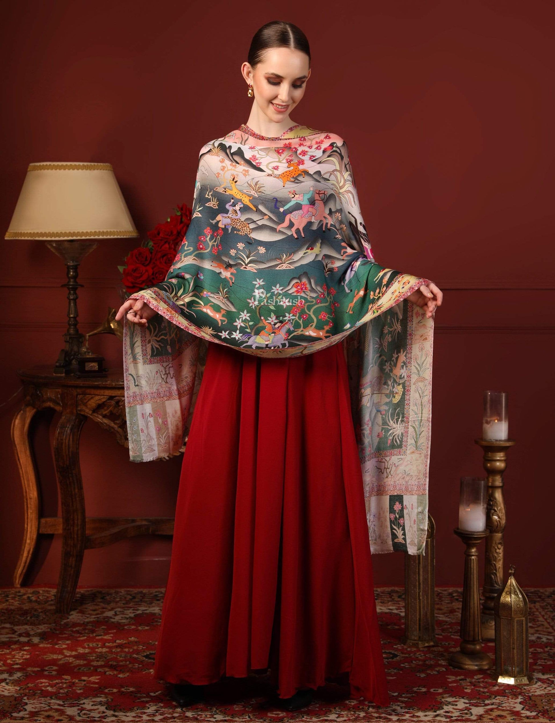 Pashtush India 70x200 Pashtush Womens fine Soft Bamboo Stole, Shikaardar Print Design
