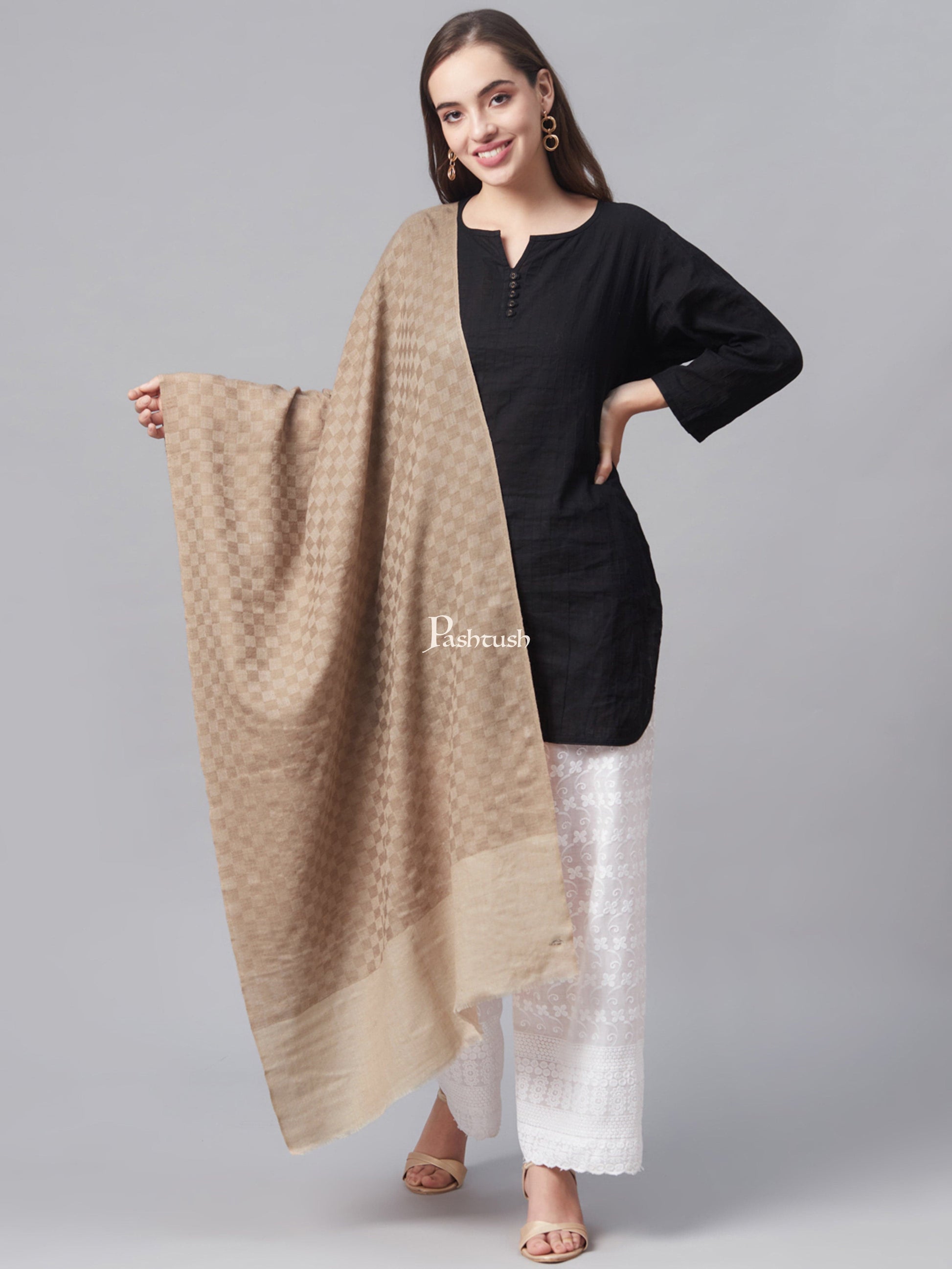 Pashtush India Womens Stoles and Scarves Scarf Pashtush Womens, Fine Wool, Checkered Stole, Beige