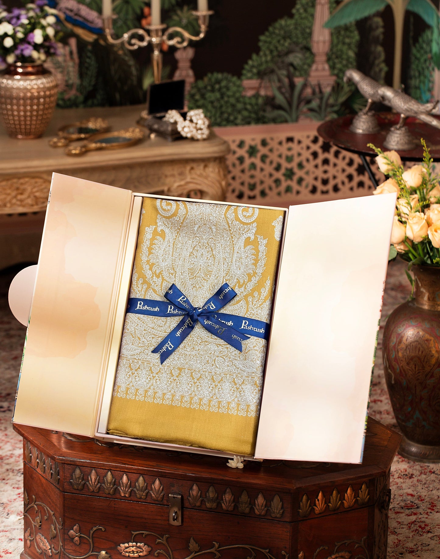 Pashtush India Womens Suits Unstitched Material Pashtush Womens Fine Wool embroidered suit, Mustard (unstitched)