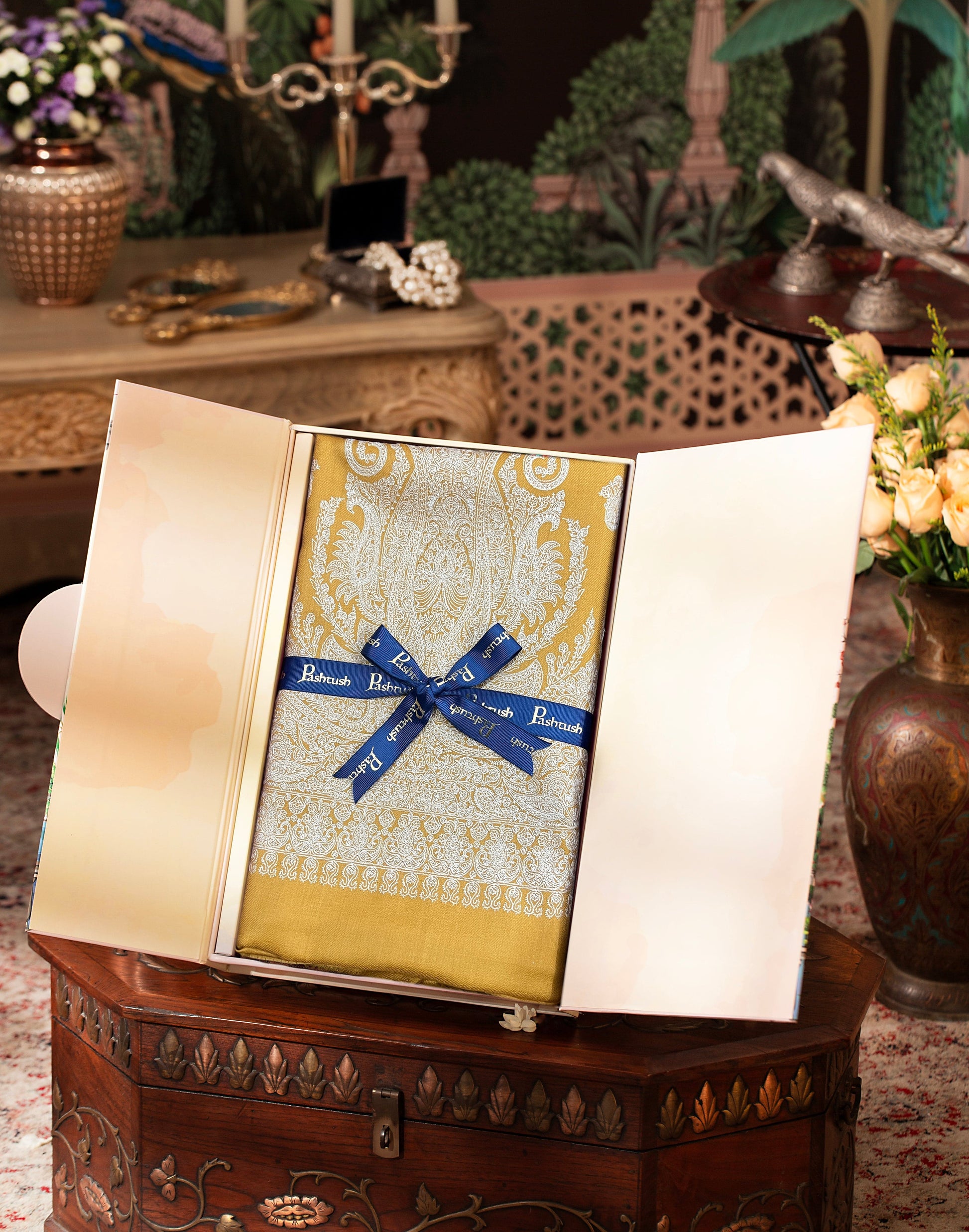 Pashtush India Womens Suits Unstitched Material Pashtush Womens Fine Wool embroidered suit, Mustard (unstitched)