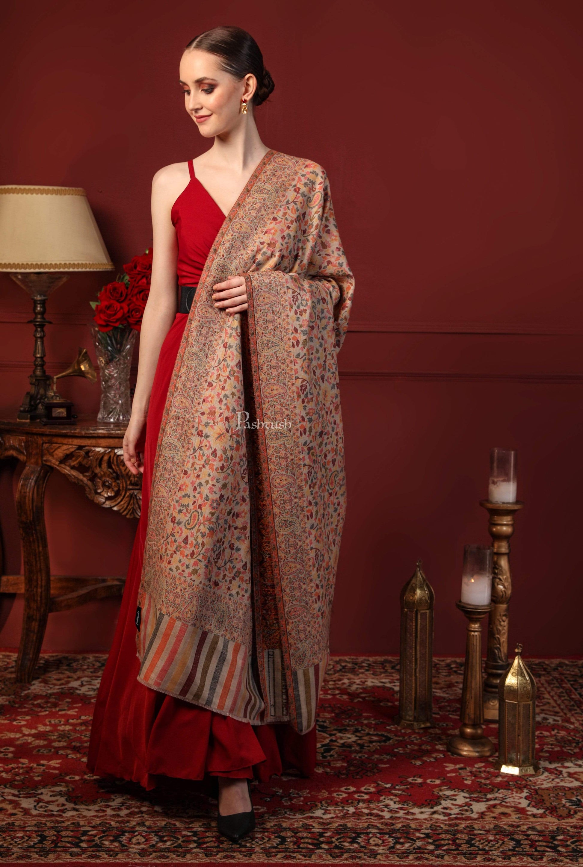 Pashtush India 100x200 Pashtush Womens Fine Wool Ethnic Weave Shawl, Soft and Warm