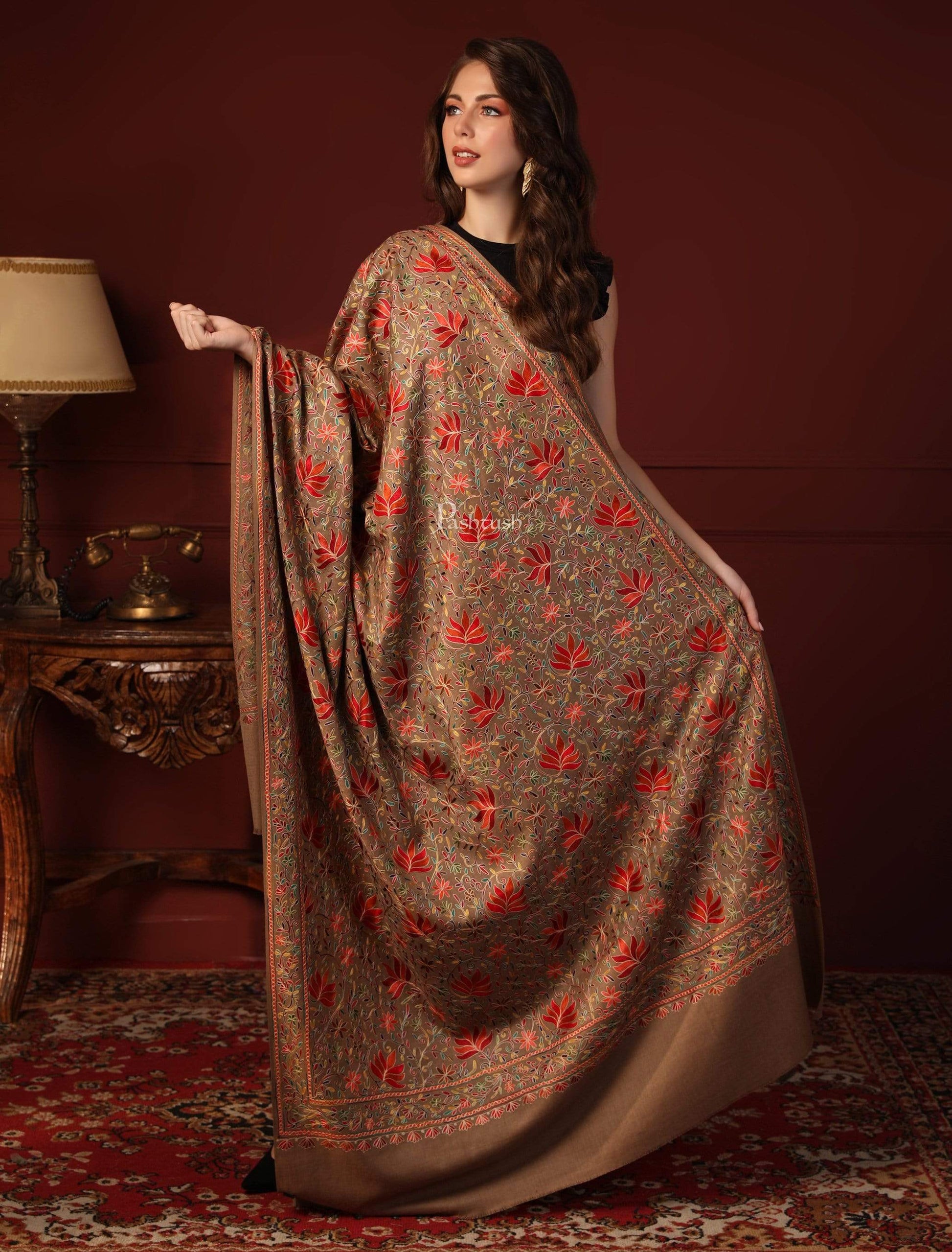 Pashtush India 100x200 Pashtush Womens Fine Wool Hand Embroidered Nalki Shawl, Taupe