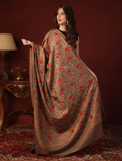Pashtush India 100x200 Pashtush Womens Fine Wool Hand Embroidered Nalki Shawl, Taupe