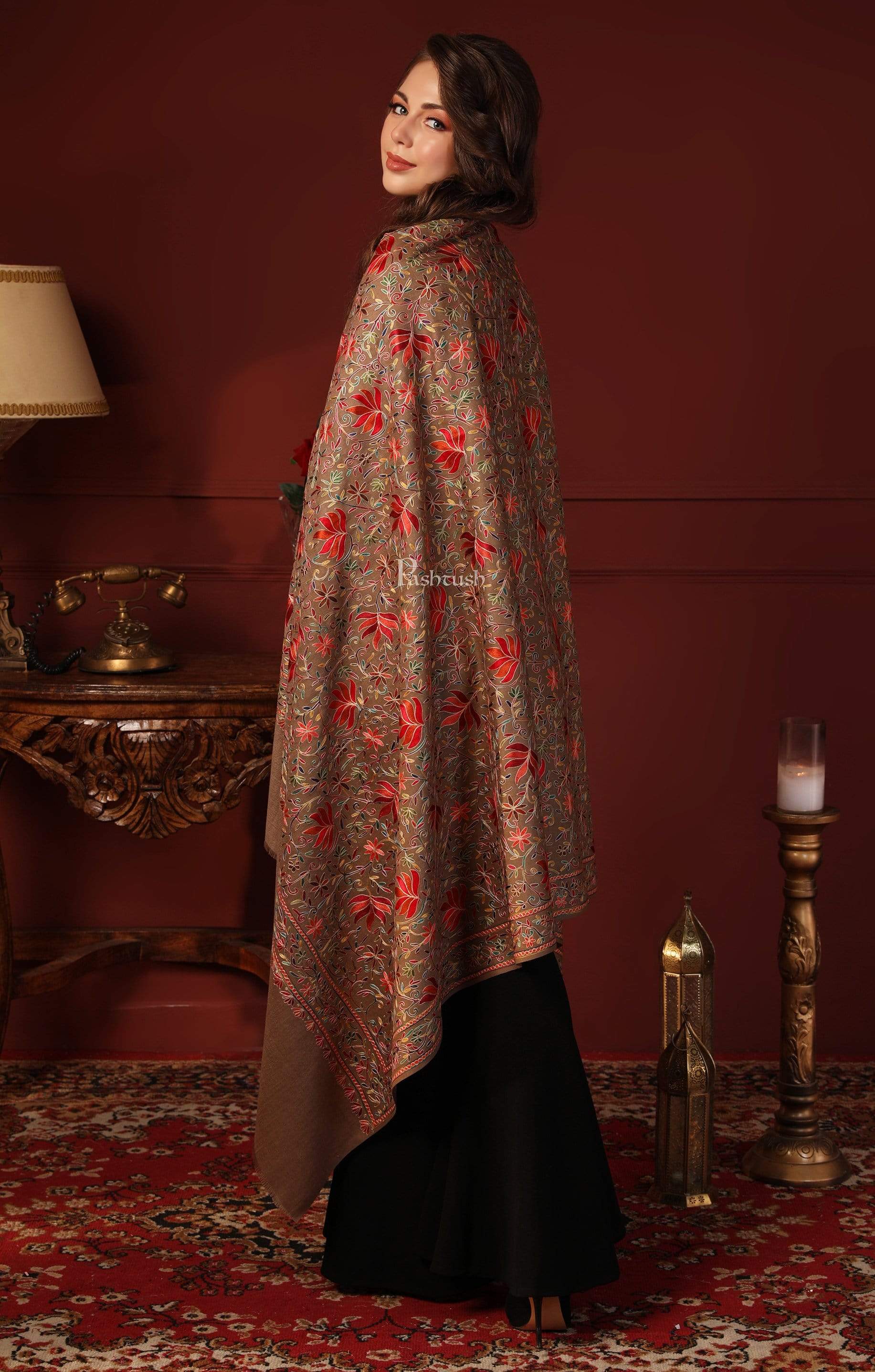 Pashtush India 100x200 Pashtush Womens Fine Wool Hand Embroidered Nalki Shawl, Taupe