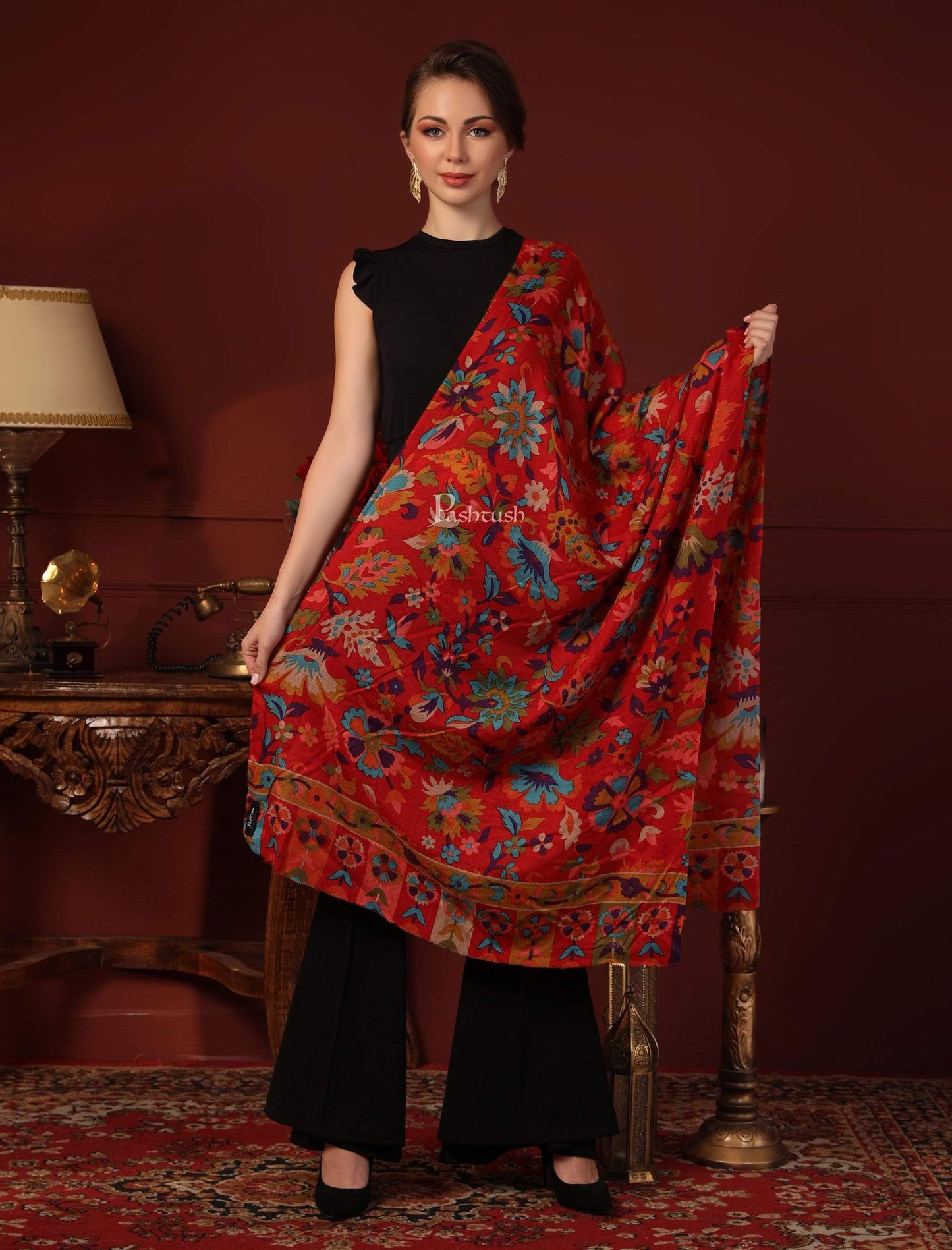 Pashtush India 70x200 Pashtush Womens Fine Wool Hand Printed Stole, Multicoloured