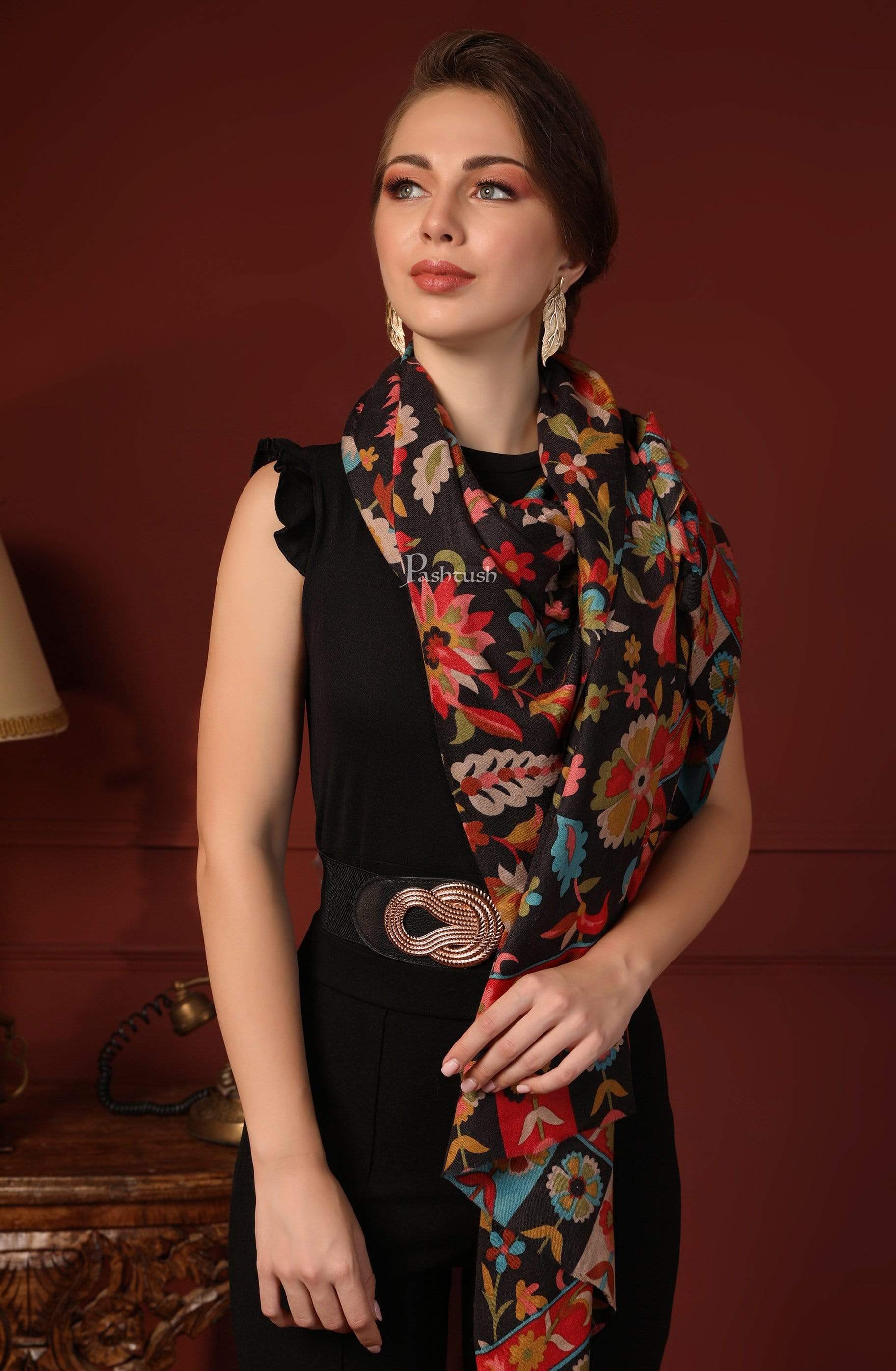 Pashtush India 70x200 Pashtush Womens Fine Wool Hand Printed Stole, Multicoloured