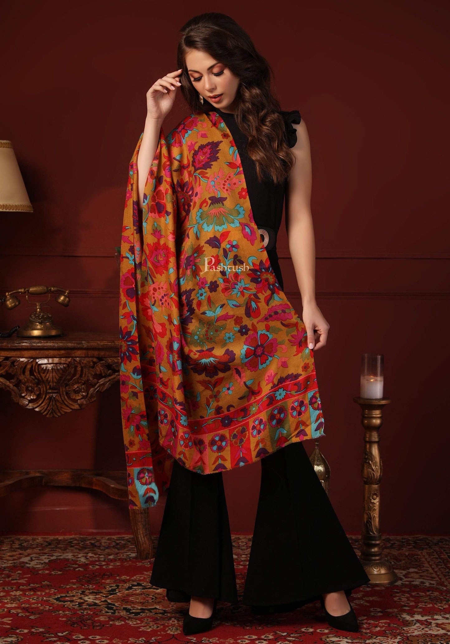 Pashtush India 70x200 Pashtush Womens Fine Wool Hand Printed Stole Scarf