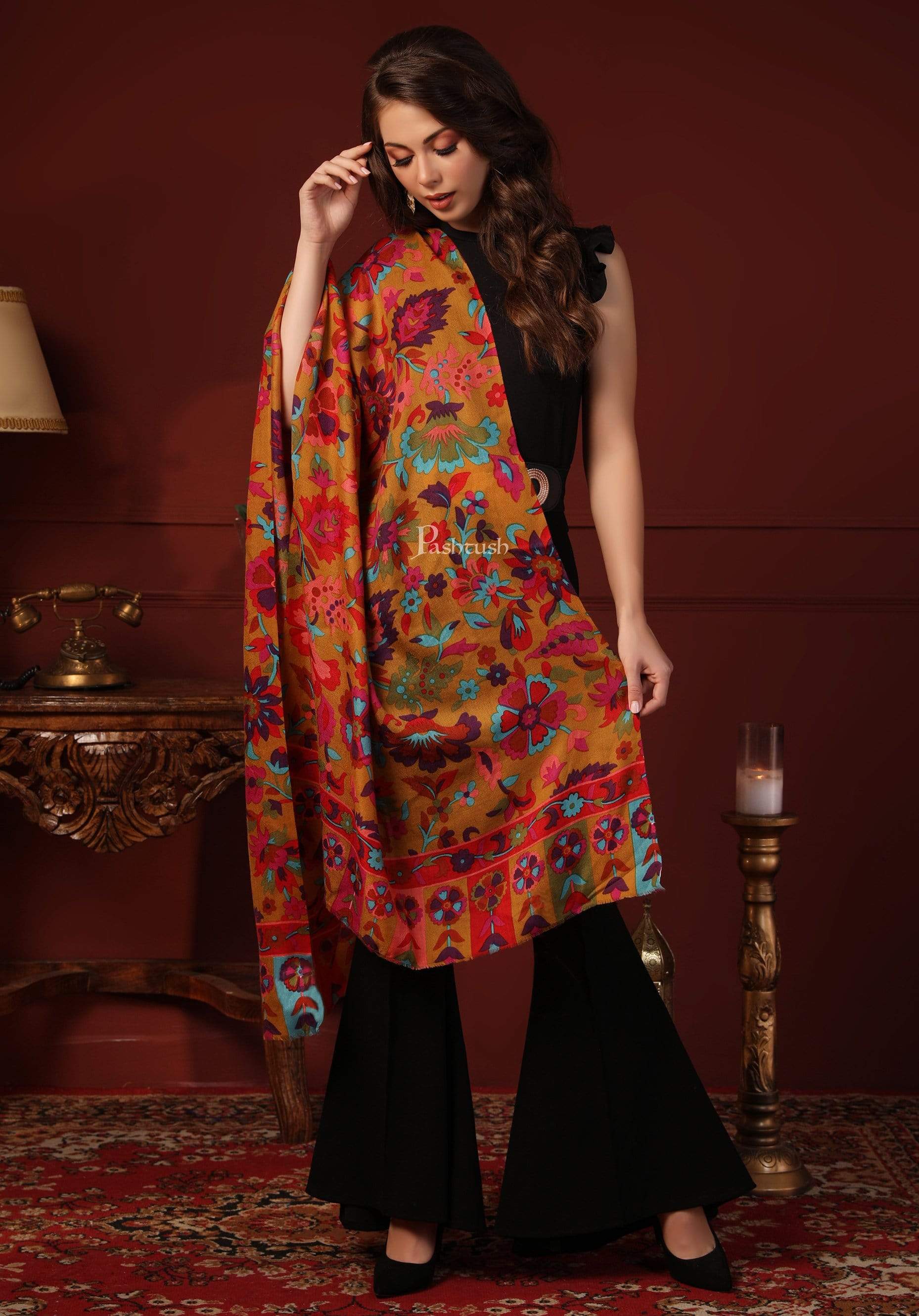 Pashtush India 70x200 Pashtush Womens Fine Wool Hand Printed Stole Scarf