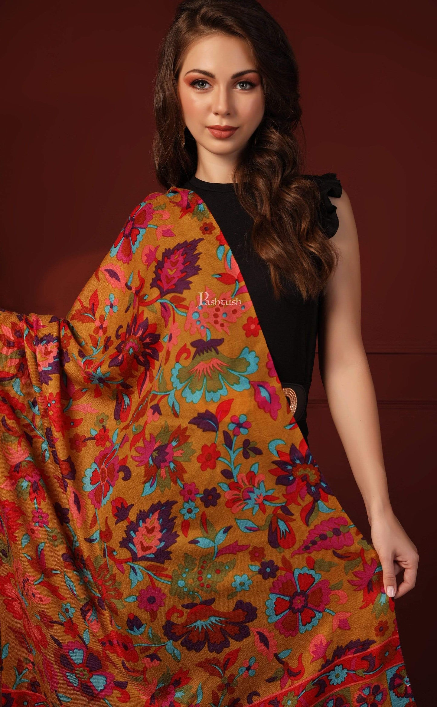 Pashtush India 70x200 Pashtush Womens Fine Wool Hand Printed Stole Scarf