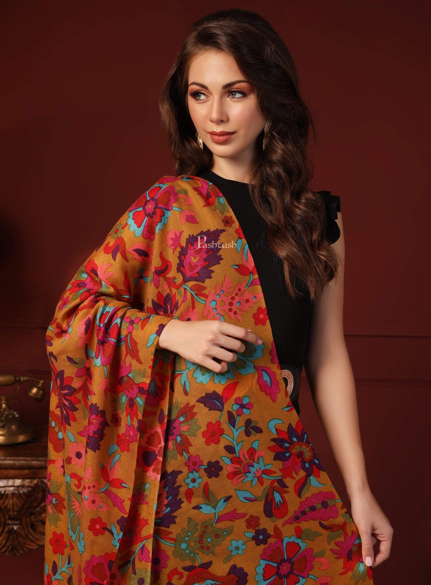 Pashtush India 70x200 Pashtush Womens Fine Wool Hand Printed Stole Scarf