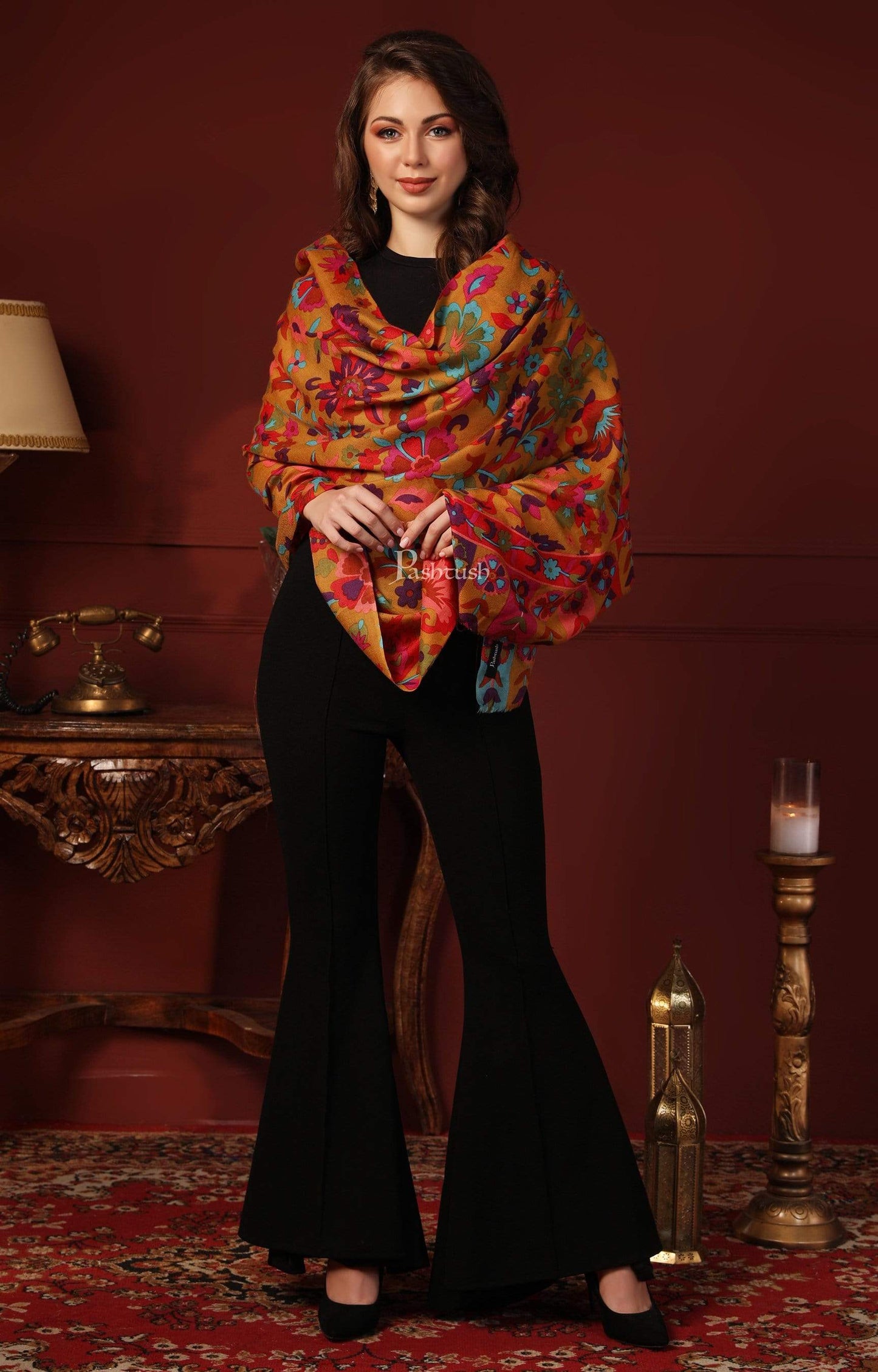 Pashtush India 70x200 Pashtush Womens Fine Wool Hand Printed Stole Scarf