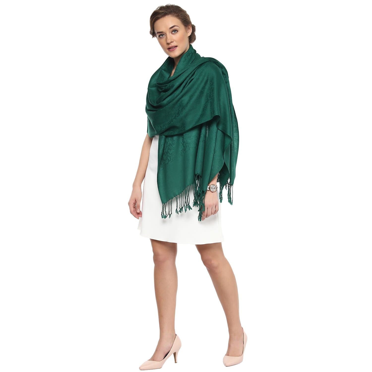 Pashtush India 70x200 Pashtush Womens Fine Wool Jacquard Muffler - Bottle Green