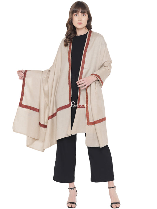 Pashtush India Womens Shawls Pashtush Womens Fine Wool Kashmiri Embroidery Shawl, Needlework Border, Haashia, Beige