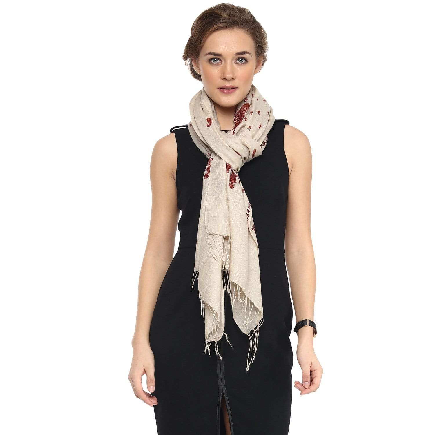 Pashtush India Stole Pashtush Womens Fine Wool Kashmiri Embroidery Stole, Beige