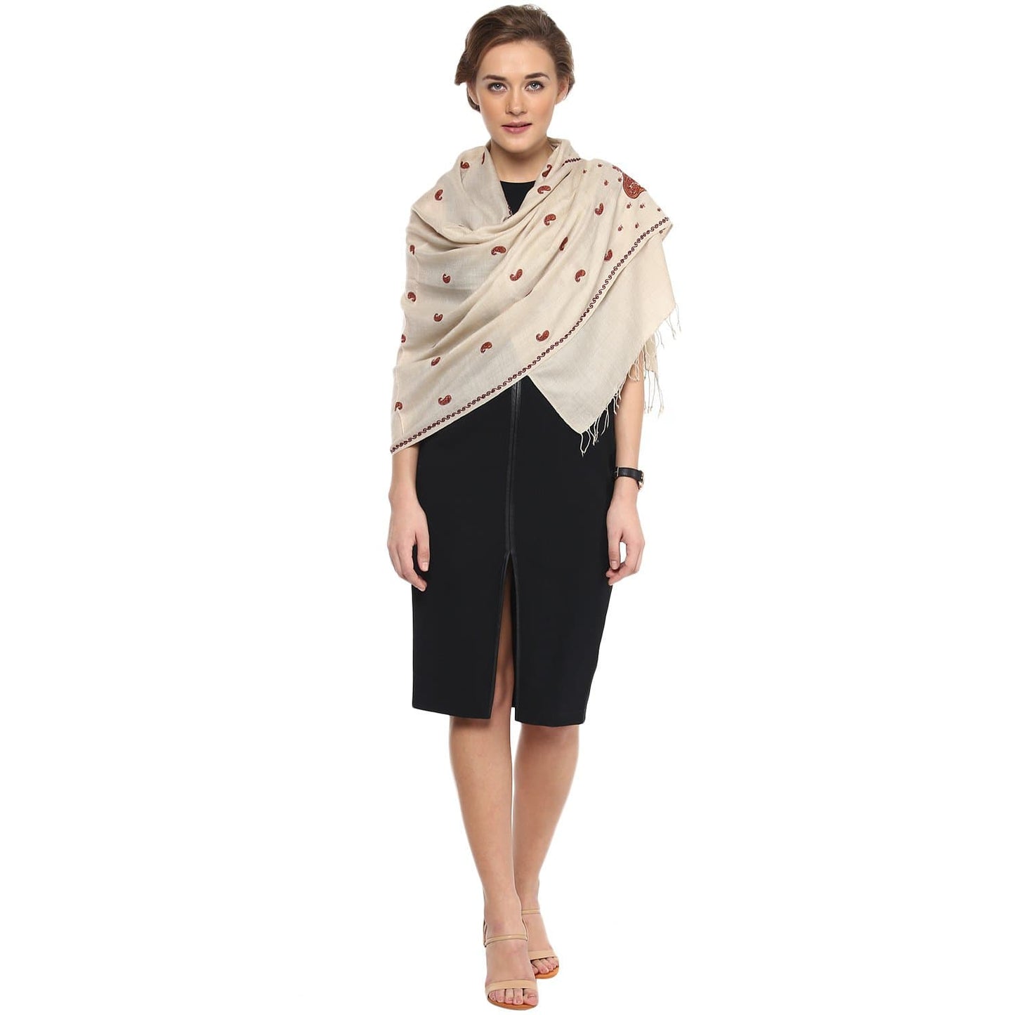 Pashtush India Stole Pashtush Womens Fine Wool Kashmiri Embroidery Stole, Beige