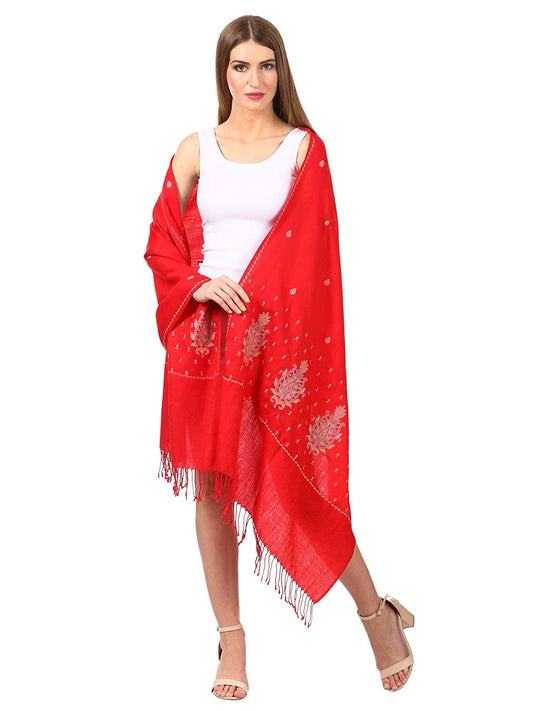 Pashtush Womens Fine Wool Embroidery Stole, Red