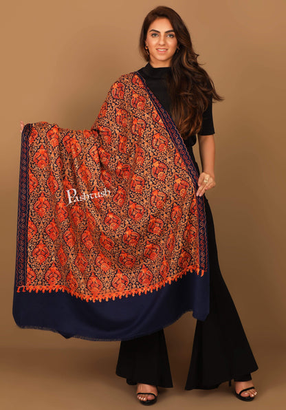 Pashtush Store Shawl Pashtush Womens Fine Wool, Kashmiri Nalki Embroidery Needlework Shawl, Navy Blue