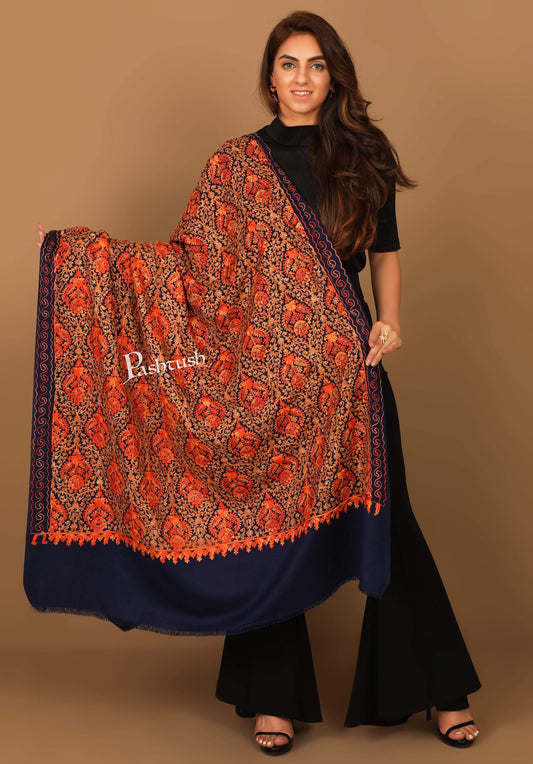 Pashtush Store Shawl Pashtush Womens Fine Wool, Kashmiri Nalki Embroidery Needlework Shawl, Navy Blue