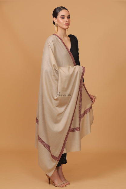 Pashtush India Womens Stoles and Scarves Scarf Pashtush womens Fine Wool shawl, 100% hand embroidery border design, Beige