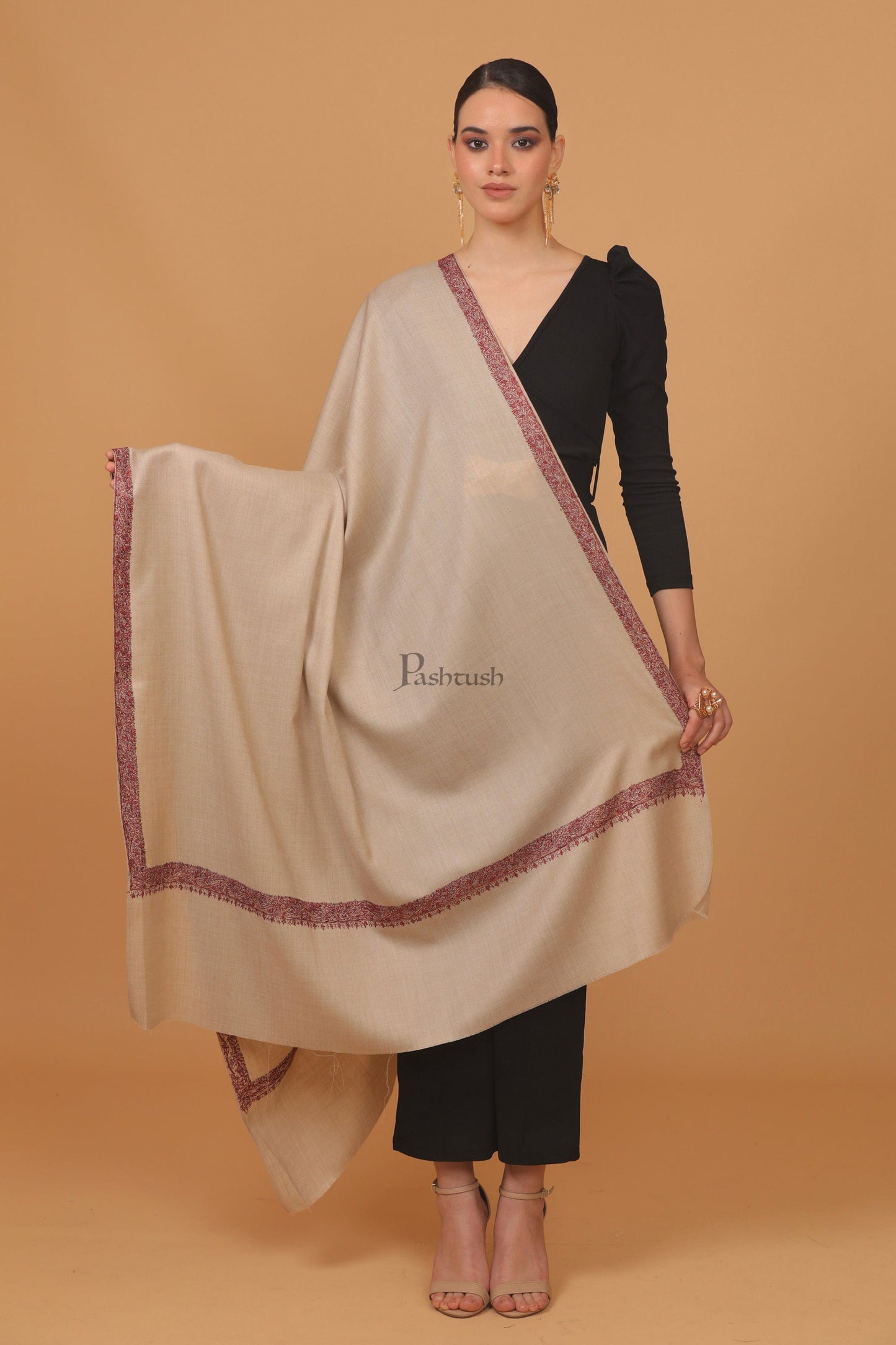 Pashtush India Womens Stoles and Scarves Scarf Pashtush womens Fine Wool shawl, 100% hand embroidery border design, Beige