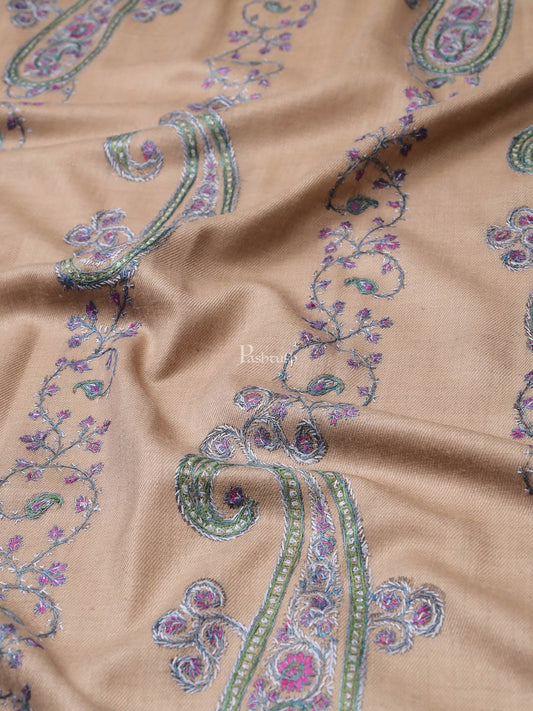 Pashtush India Womens Shawls Pashtush womens Fine Wool shawl, 100% hand embroidery design, Beige