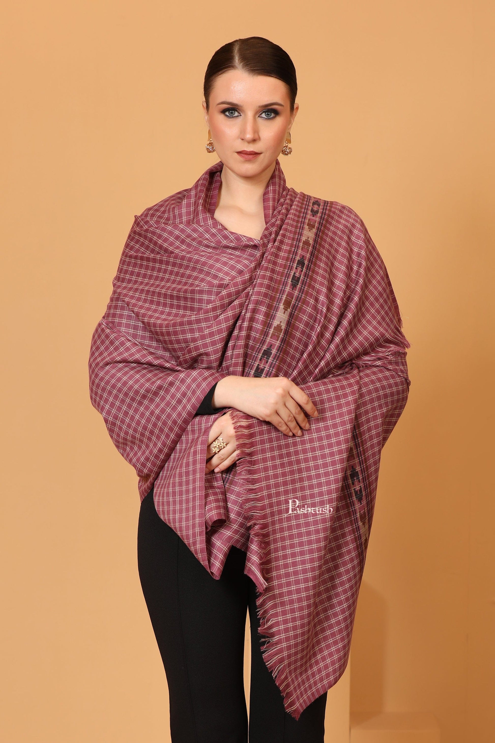 Pashtush India Womens Shawls Pashtush Womens Fine Wool Shawl, Aztec Weave, Woven Design, Peel Lilac