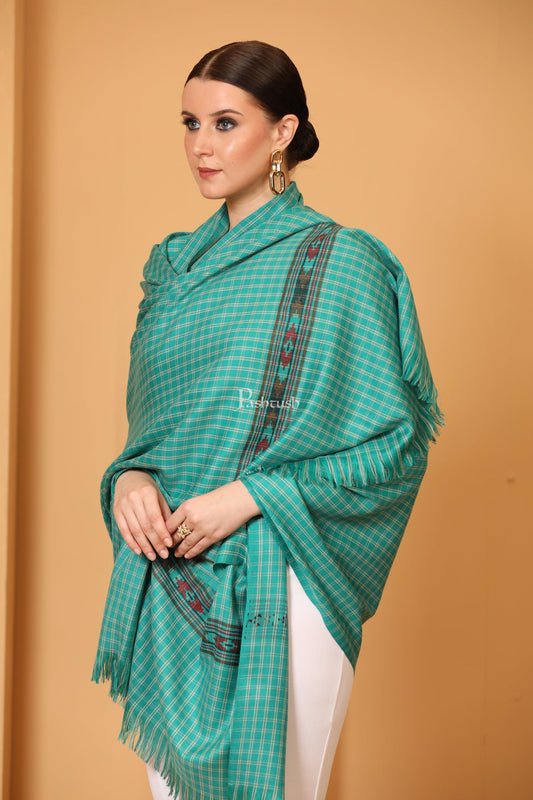 Pashtush India Womens Shawls Pashtush Womens Fine Wool Shawl, Aztec Weave, Woven Design, Sea Green