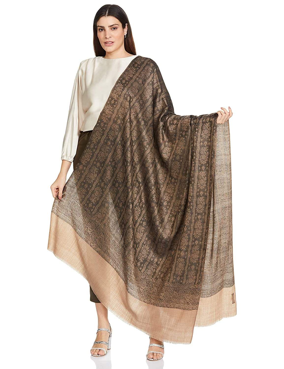 Pashtush India 100x200 Pashtush Womens Fine Wool Shawl, Black And Beige