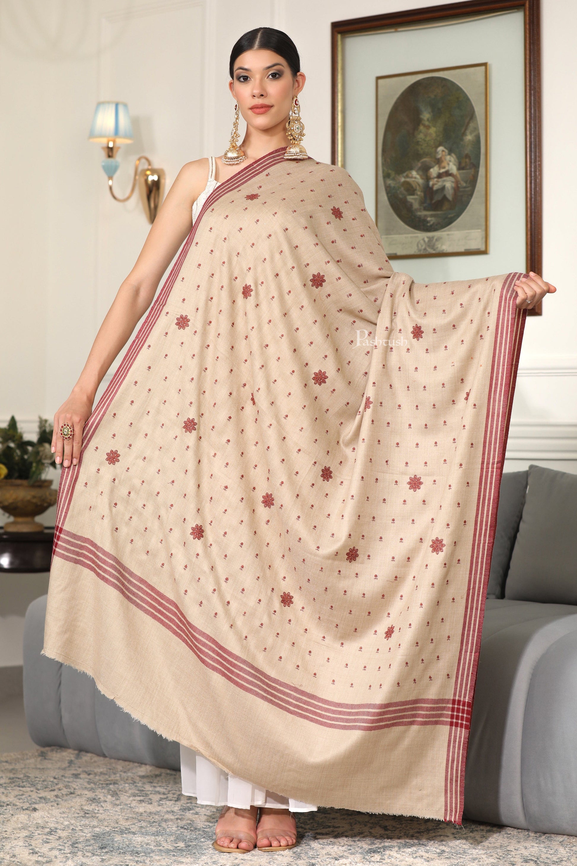 Pashtush India Womens Shawls Pashtush Womens Fine Wool Shawl, Booti Embroidery Design, Beige