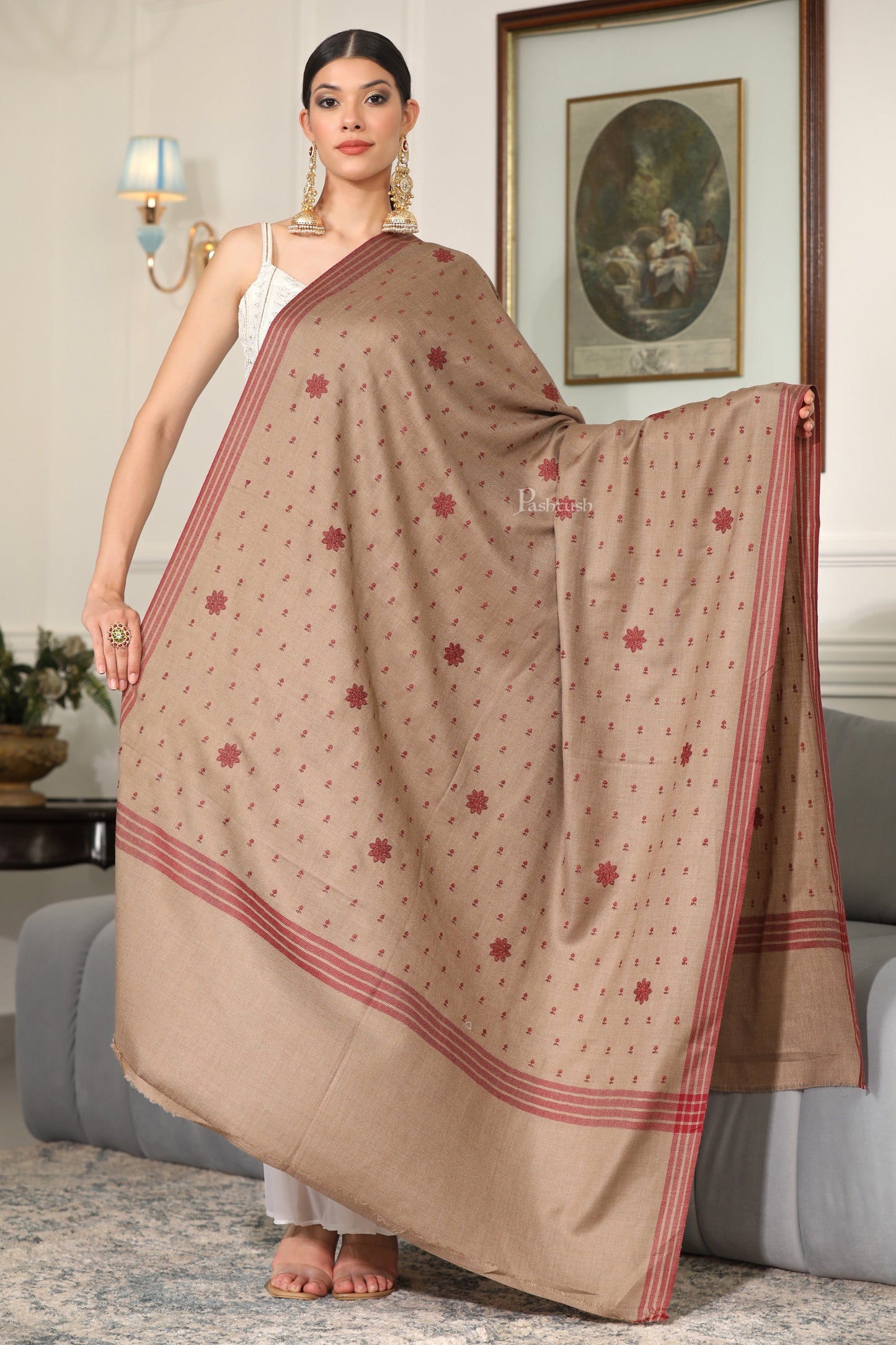 Pashtush India Womens Shawls Pashtush Womens Fine Wool Shawl, Booti Embroidery Design, Beige