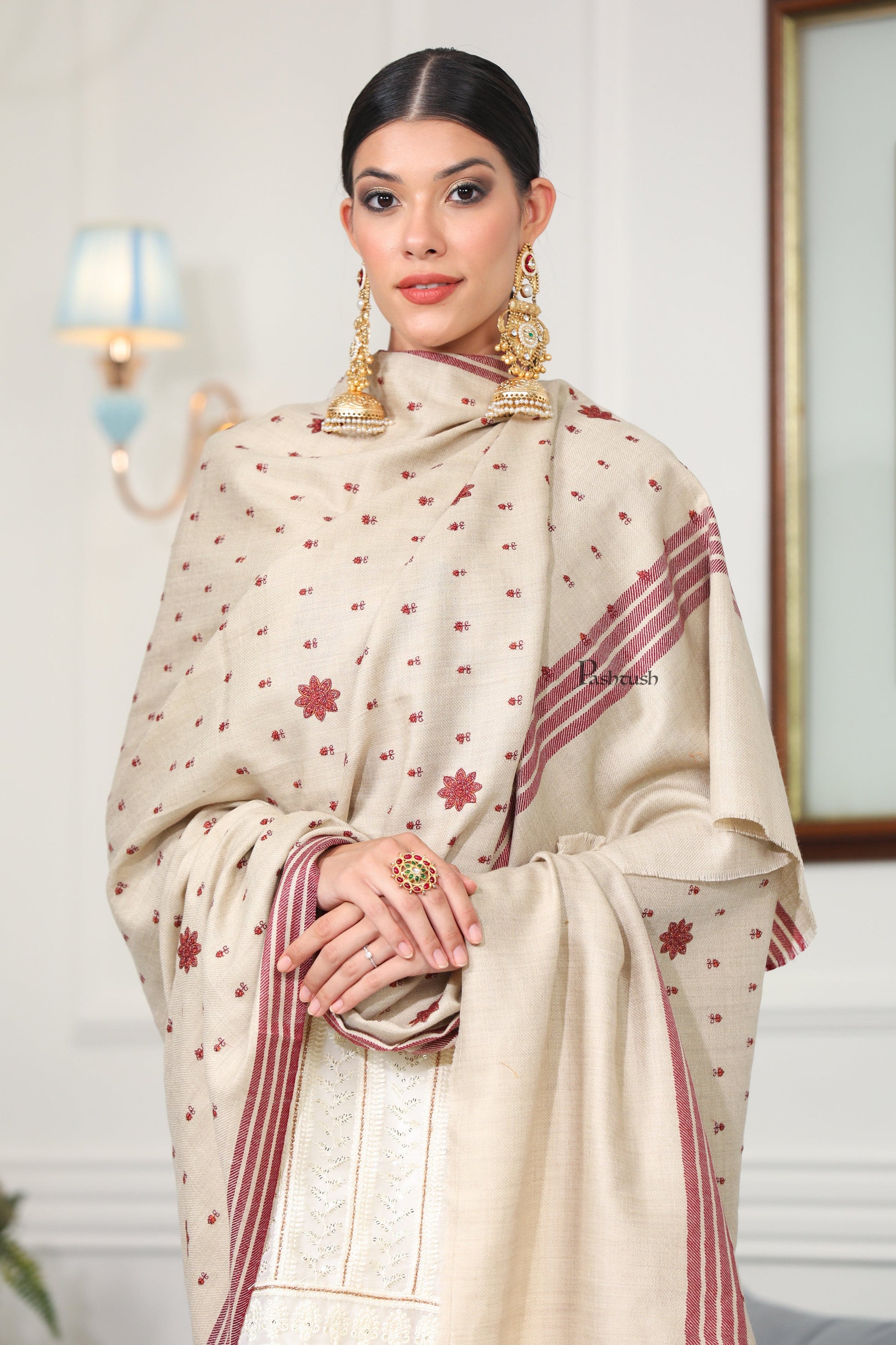 Pashtush India Womens Shawls Pashtush Womens Fine Wool Shawl, Booti Embroidery Design, Beige