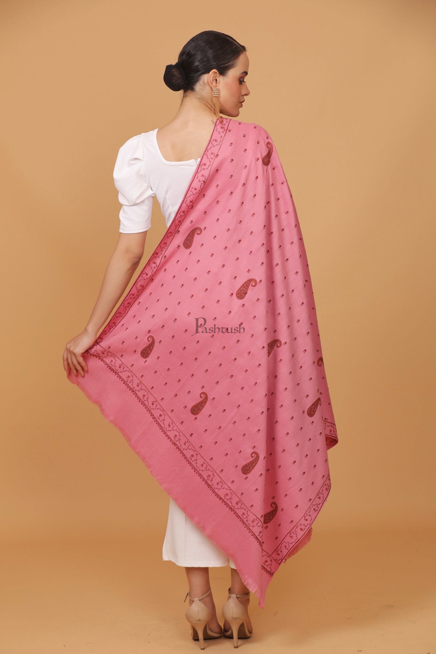 Pashtush India Womens Stoles and Scarves Scarf Pashtush womens Fine Wool shawl, booti embroidery design, Pink