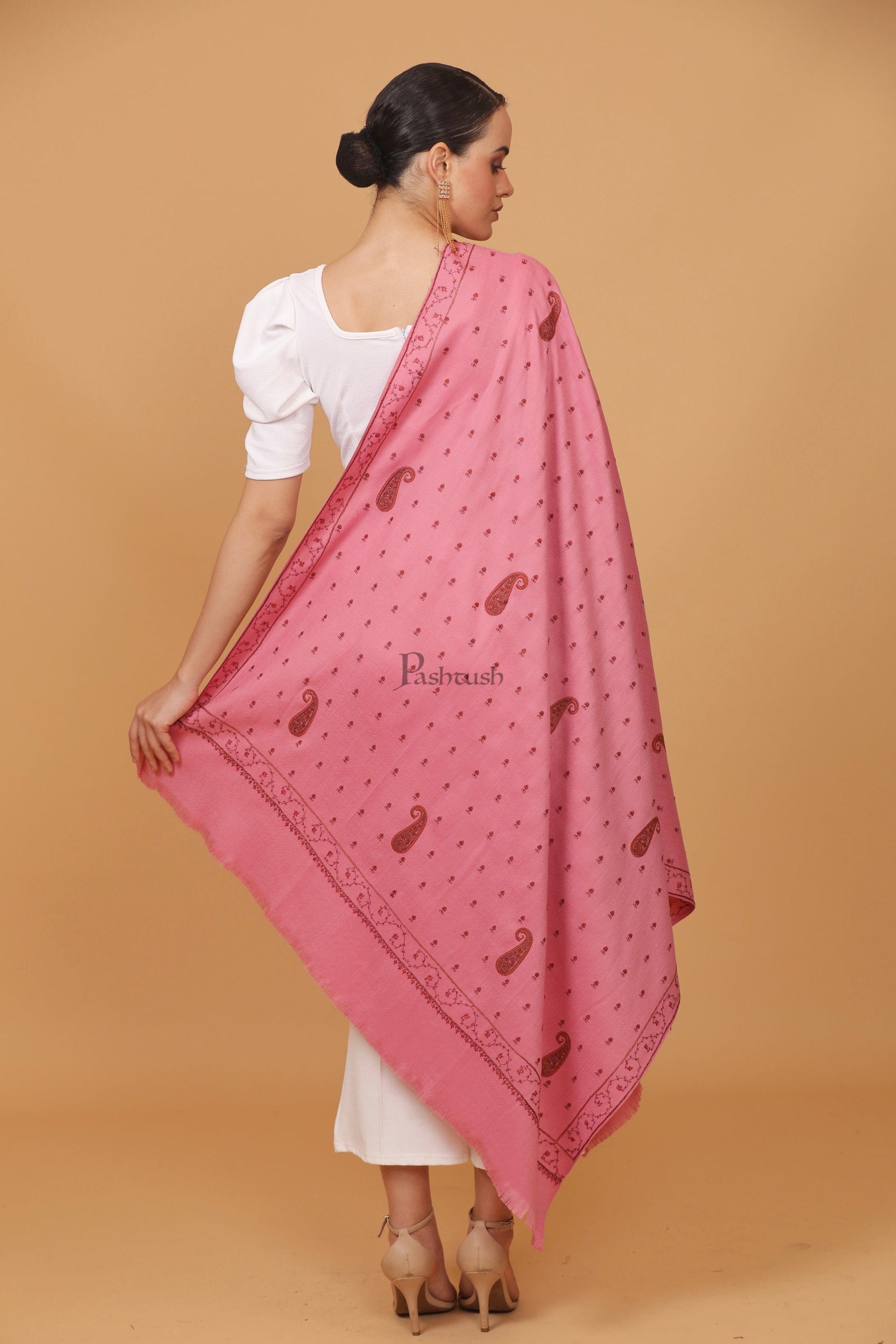 Pashtush India Womens Stoles and Scarves Scarf Pashtush womens Fine Wool shawl, booti embroidery design, Pink