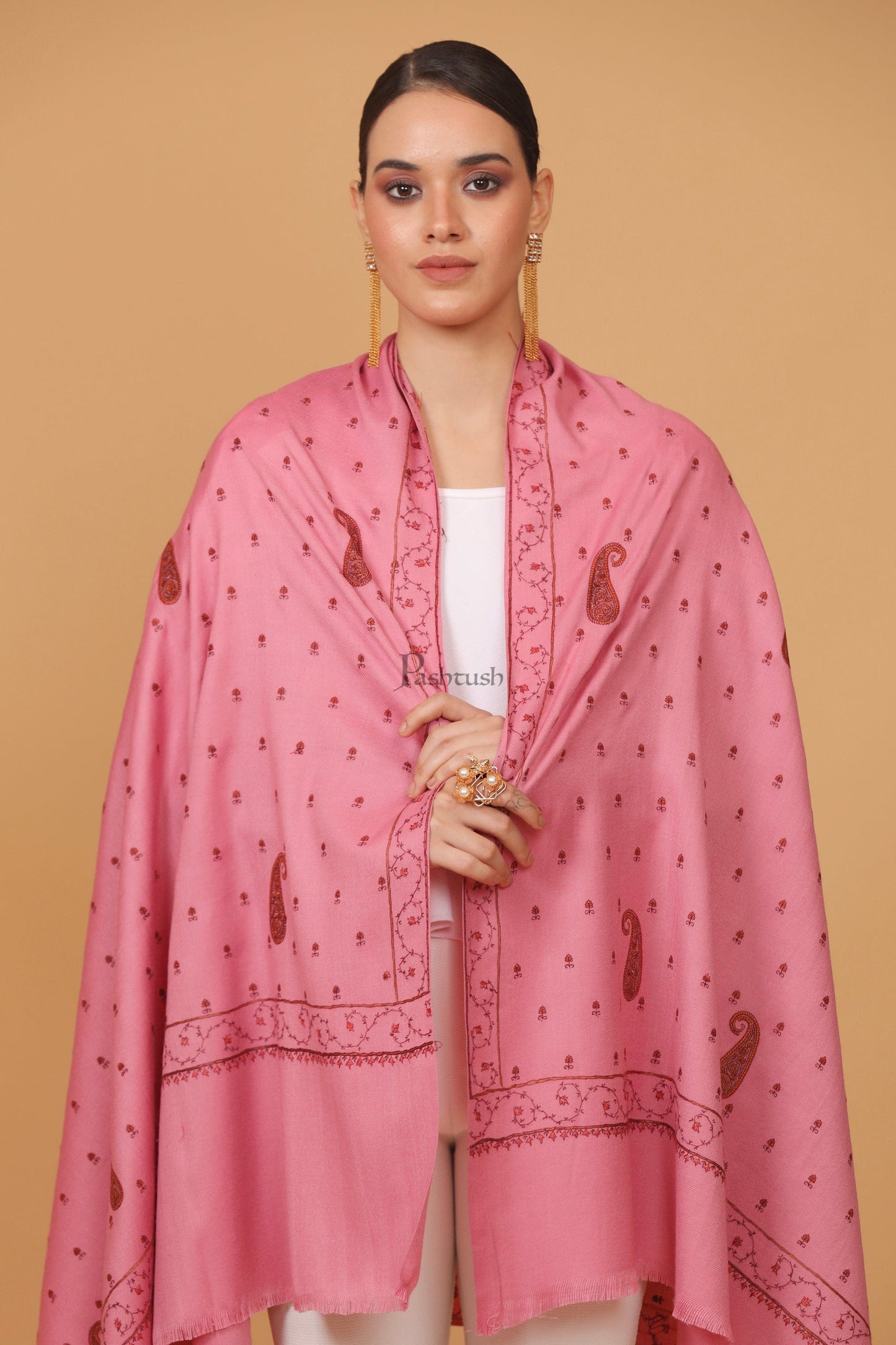Pashtush India Womens Stoles and Scarves Scarf Pashtush womens Fine Wool shawl, booti embroidery design, Pink