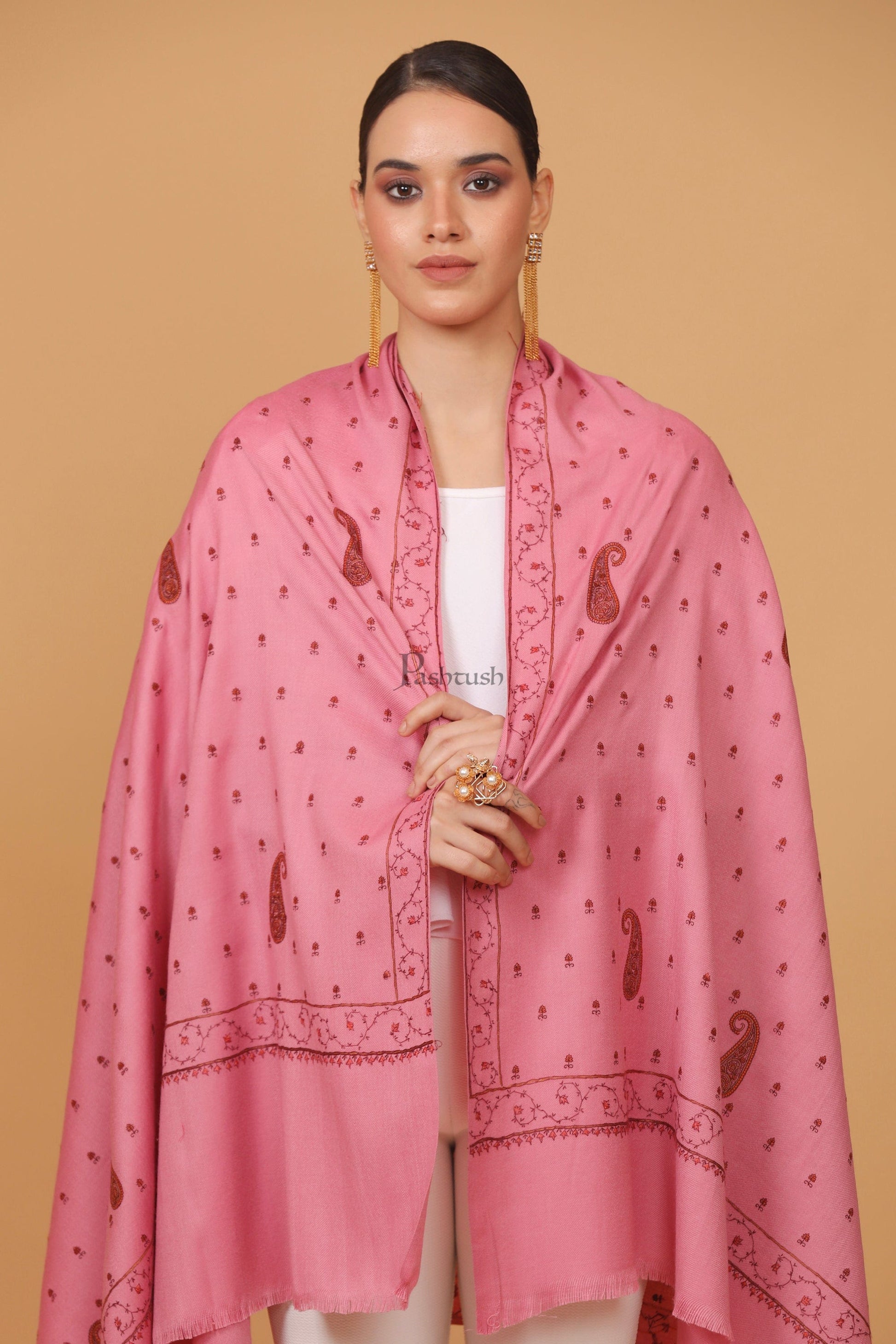 Pashtush India Womens Stoles and Scarves Scarf Pashtush womens Fine Wool shawl, booti embroidery design, Pink