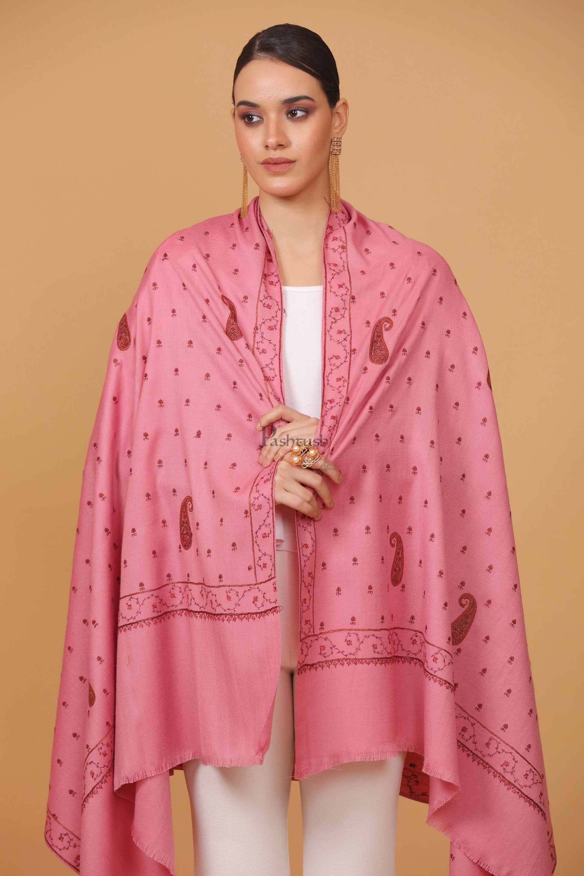Pashtush India Womens Stoles and Scarves Scarf Pashtush womens Fine Wool shawl, booti embroidery design, Pink