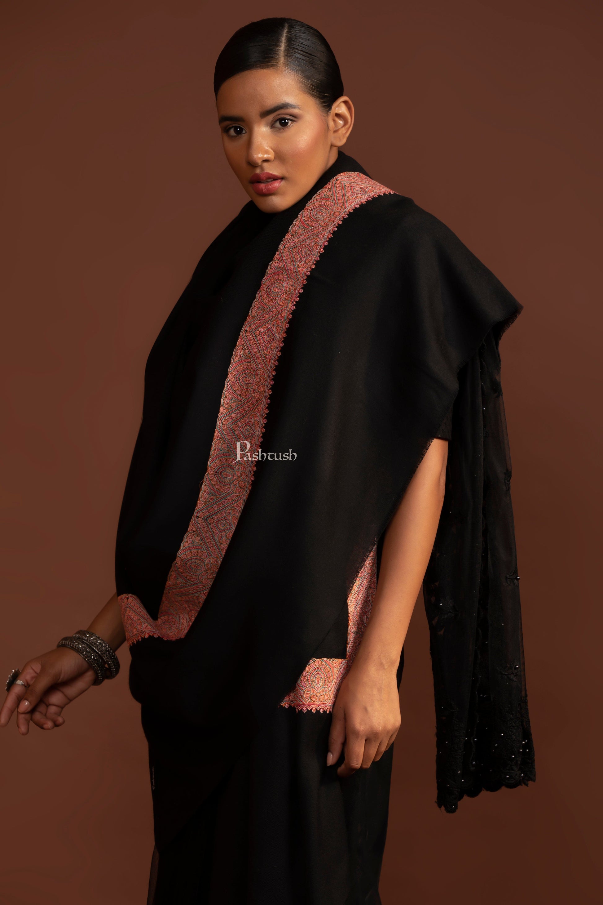 Pashtush India Womens Shawls Pashtush Womens Fine Wool Shawl, Border Embroidery, Challa Daur, Black