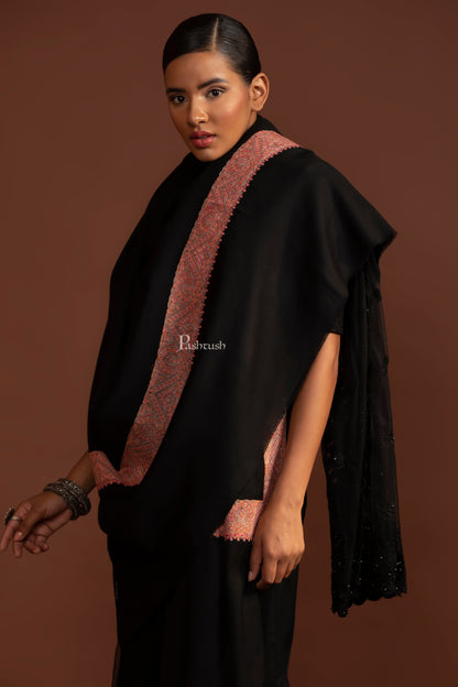 Pashtush India Womens Shawls Pashtush Womens Fine Wool Shawl, Border Embroidery, Challa Daur, Black