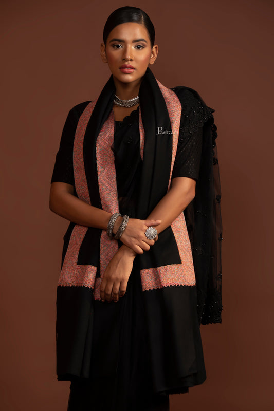Pashtush India Womens Shawls Pashtush Womens Fine Wool Shawl, Border Embroidery, Challa Daur, Black