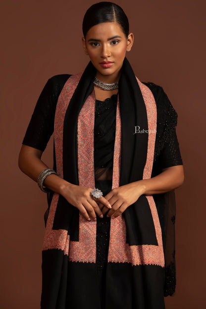 Pashtush India Womens Shawls Pashtush Womens Fine Wool Shawl, Border Embroidery, Challa Daur, Black