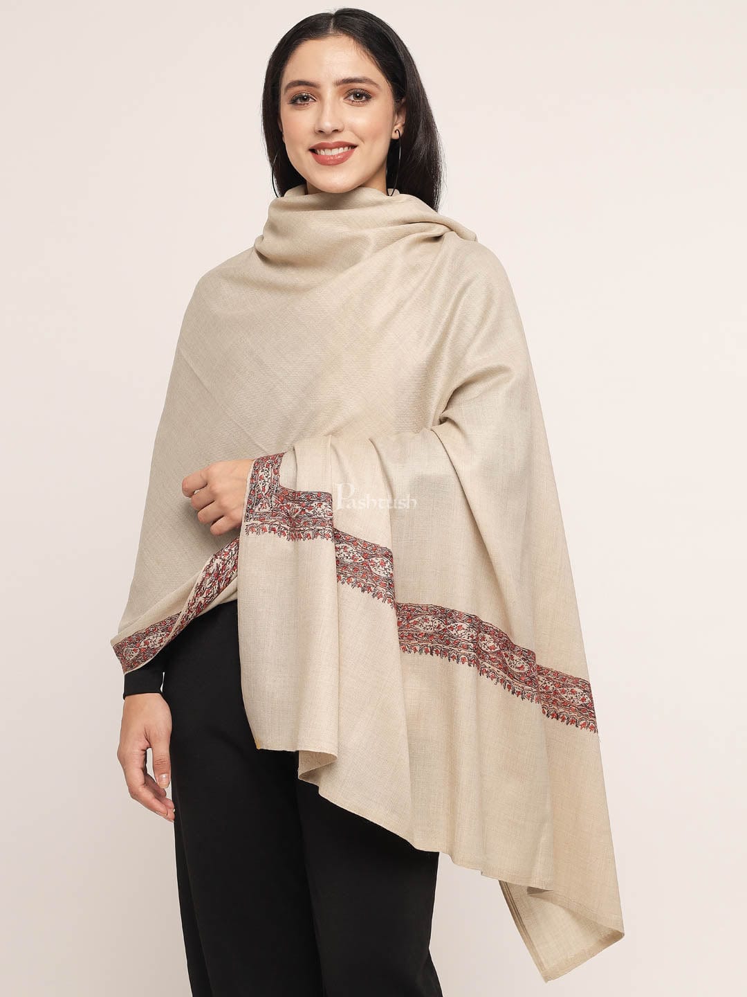 Pashtush India Womens Shawls Pashtush womens Fine Wool shawl, border hand embroidary design, Beige