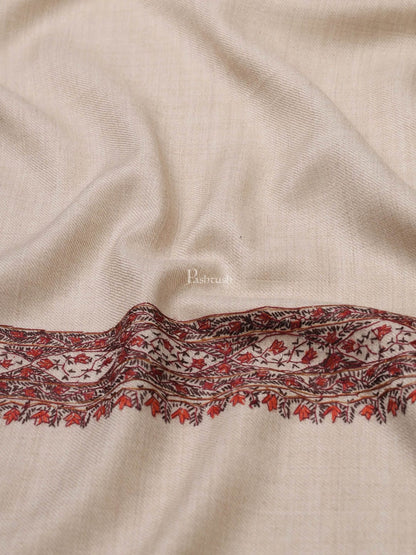 Pashtush India Womens Shawls Pashtush womens Fine Wool shawl, border hand embroidary design, Beige